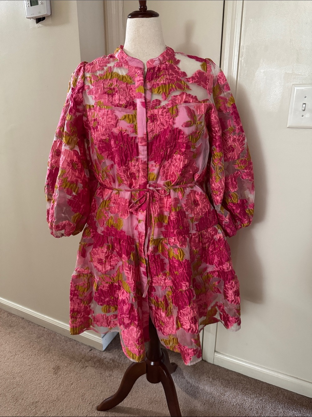 Bright Pink Floral Tiered Dress with Puff Sleeves